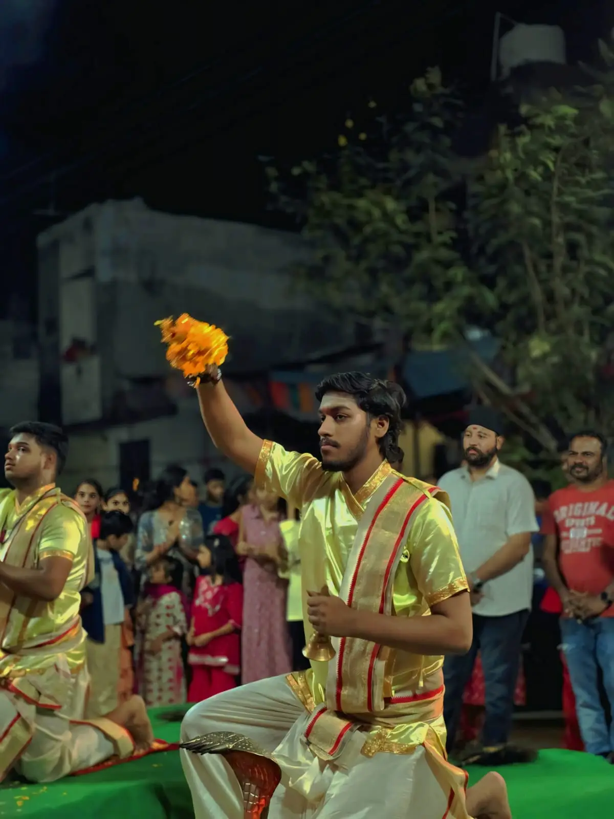 Banaras Ganga Aarti Pandit - Flower offering ceremony during authentic Hindu rituals and Vedic Puja