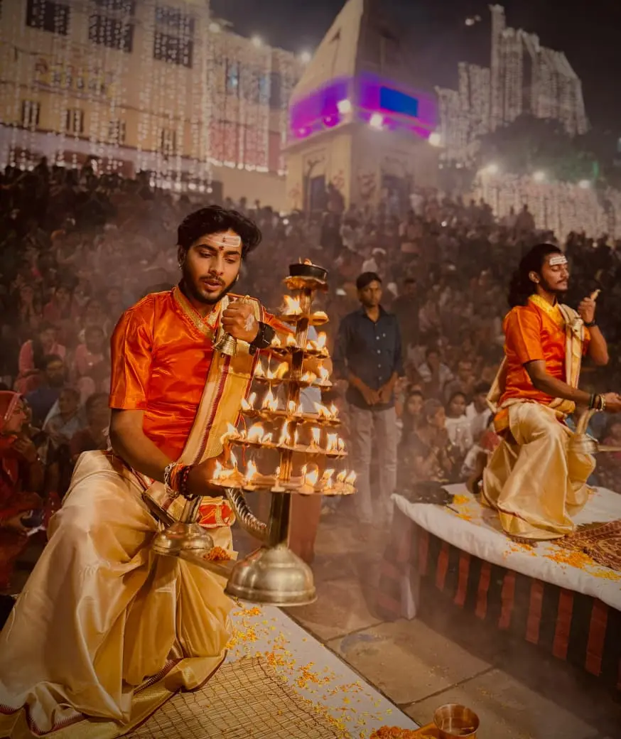 Vedic Puja Banaras - Pandit Ji performing Ganga Aarti booking ceremony at sacred Banaras ghat