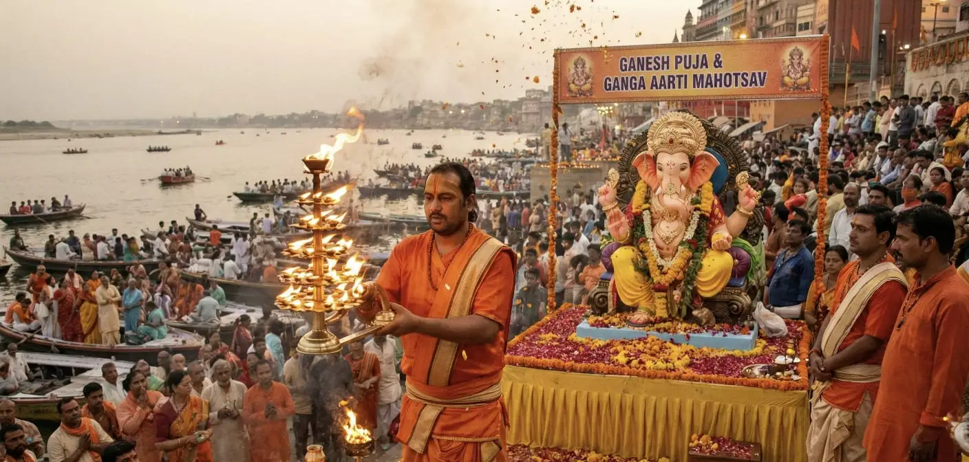 Ganga Aarti for Ganesh Puja - auspicious beginning of ceremonies with Pandit Ji